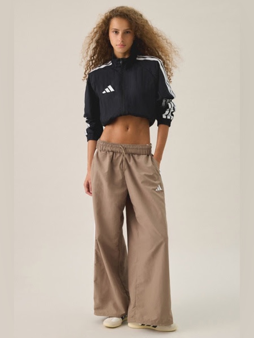 adidas Iconic 3-Stripes Woven Wide Leg Track Pants (Khaki/Short inseam)
